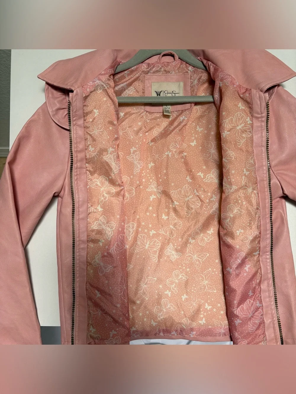 Girls' Pink Faux Leather Zip Jacket with Ruffle Shoulders
